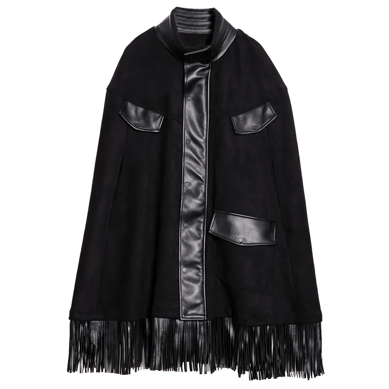 [EAM] новая весенняя куртка-плащ с высоким воротником и длинным рукавом черного цвета из искусственной кожи с кисточками Женская модная куртка JI281
