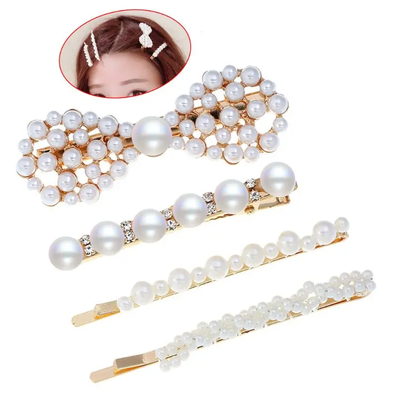 

4 Pcs/set New Alloy Hairpin Inlaid Artificial Pearl Hairpin Sweet Temperament Lady Clip Side Clips for Women Girls Y4QB