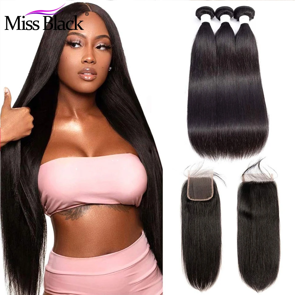 

Miss Black Brazilian Straight Hair 3/4 Bundles Human Hair Extension With 4*4 Lace Closure Double Weft Bundles With Closure Swiss