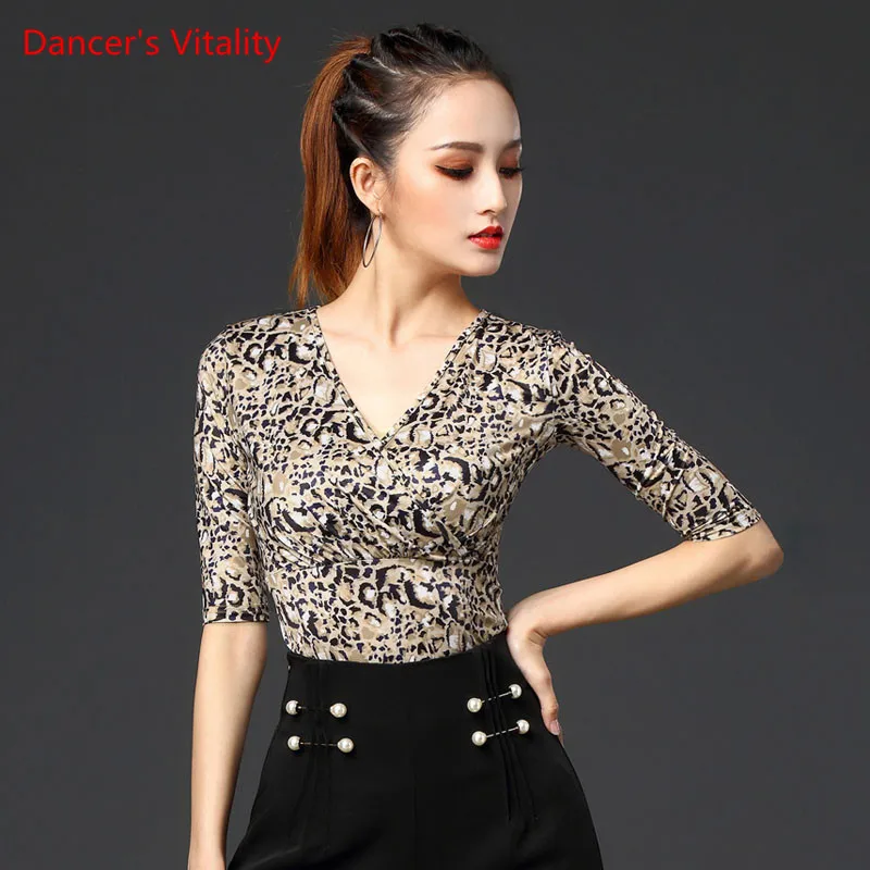 

Latin Dance New Female Adult Sexy Top V-Neck Performance Clothes National Standard Ballroom Dancing Practice Clothing Shirt