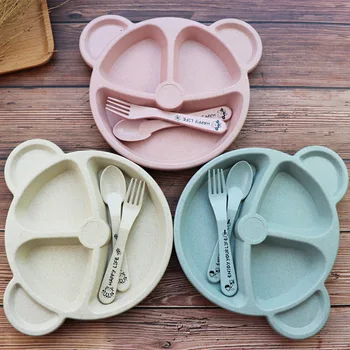 

Wheat Format Little Bear Child Dinner Plate Set With Samll Partitions Originality Household Tableware Baby Grid Dish Spoon Fork