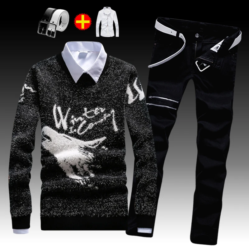 Осенне-зимний мужской пуловер, свитера, пальто, джинсы, брюки с белой рубашкой, комплект из 3 предметов, свитер с длинным рукавом, длинные брюки, теплая одежда