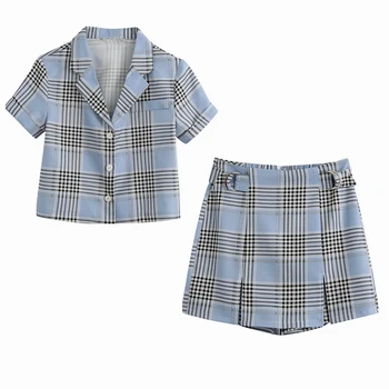 

Women Summer Set 2020 New Fashion Plaid Shirt and Skirt Shorts Modern Lady 2 Pieces Set