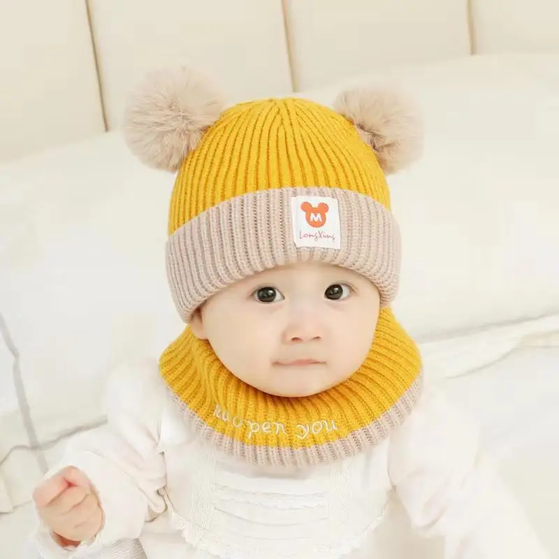 yellow set Детская зимняя шапка, шарф, набор плюс бархатная теплая вязаная шапка для новорожденных, пушистые шарики, помпон, одноцветная теплая Милая шапочка, подарок - Цвет: yellow set