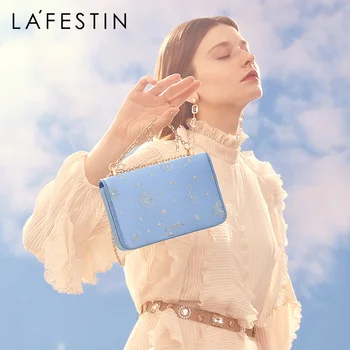 

LA FESTIN 2020 new fashion haze blue silk embroidery small square bag fashion chain shoulder messenger female bag