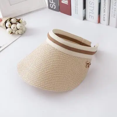 Женская пляжная шляпа, широкие поля, из соломы, козырек, шляпа, милый бант, шляпа от солнца, кепки, летние шапки для женщин, шляпа s Chapeau Femme, солнцезащитный козырек для девочек - Цвет: Бежевый