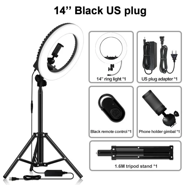 US plug type Black LED Ring Light 14 Inch Dimmable 5500K Circular Light With Tripod For Studio Lamp Photography YouTube Photo Makeup Ring Light - Цвет: US plug type Black