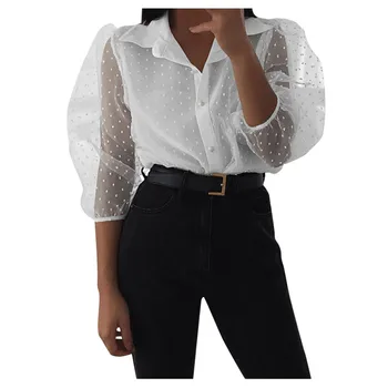 

Women's Shirt Formal Long Sleeve Tops Perspective Black Mesh Blouse Tops Office Lady Shirt Polka Dot Print Blouses Shirt 2020