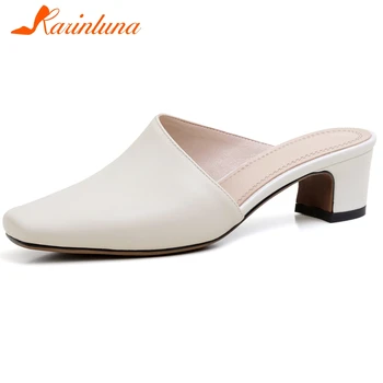 

Karinluna New Fashion Genuine Leather Outside Chunky Heels Concise Slippers Woman Shoes Slip On Casual Shoes Women Slippers