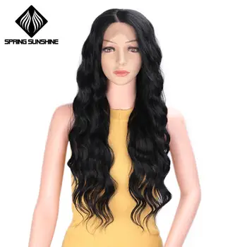 

Spring sunshine Natural Black Synthetic Lace Front Wig Soft 24inch Long Wavy Wigs For Write Black Women Daily Wear