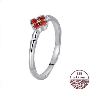 

Silver 925 ring rhodium-plated red garnet bamboo knot couple's joints on the four-leaf clover folk ring custom diamond ring