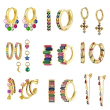 

925 Sterling Silver Rainbow Zircon Earrings for Women Minimalist Circle Piercing Luxury Colorful Fine Jewelry Wholesale