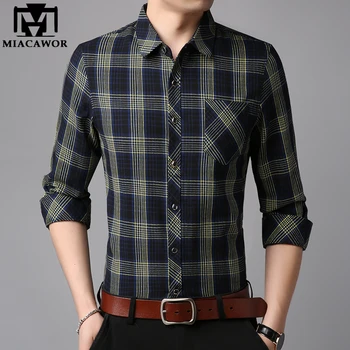 

MIACAWOR New Plaid Shirts Men Fashion Slim Fit 2020 Spring Long Sleeve Shirt Men Business Casual Shirt Mens Plus Size C607