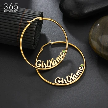 

New Design Personalized Custom Name Date Earrings With CZ Stones Customize Cursive Nameplate Hoop Earring Gift Women Party Gift