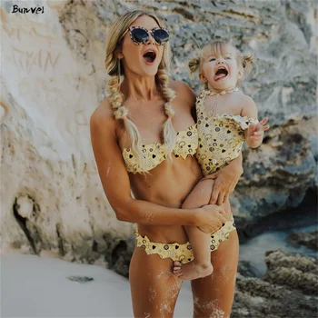 

bunvel Summer Family Matching Mother Swimsuit Geometric Printed Bathing Suit Bikinis Two Piece Swimsuit Mommy and Me Clothes f