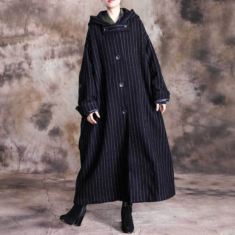 Женские шерстяные пальто с капюшоном в Корейском стиле, с карманами в полоску, новинка, зимние черные женские пальто на пуговицах, большие размеры, высокое качество