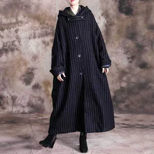 Женские шерстяные пальто с капюшоном в Корейском стиле, с карманами в полоску, новинка, зимние черные женские пальто на пуговицах, большие размеры, высокое качество