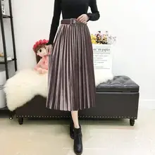 Женская зимняя бархатная теплая плиссированная юбка эластичная лента Высокая талия Женская юбка Осенняя длинная юбка макси с поясом