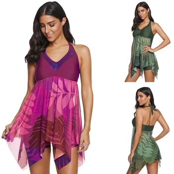 

Plus Size Tankini Swimsuit Set 2020 Women Swimwear Print Halter High Waist Swimming Dress Bathing Suit Sport Two Pieces Tankinis