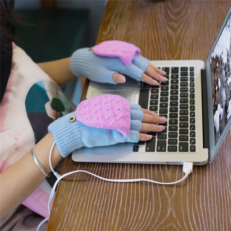 USB Heated Gloves Wool Knit Thickened Stretch Half Finger Flip Cover Foldable Mittens Warm Battery Powered Heating Unisex Gloves