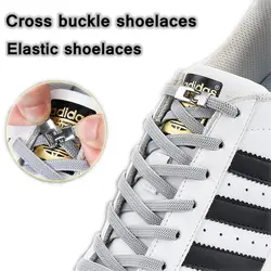1pair Cross Metal Lock No Tie Shoelaces Flat Suitable for Hiking Sports Elastic Shoelace Child Adult  Sneakers Lazy Laces