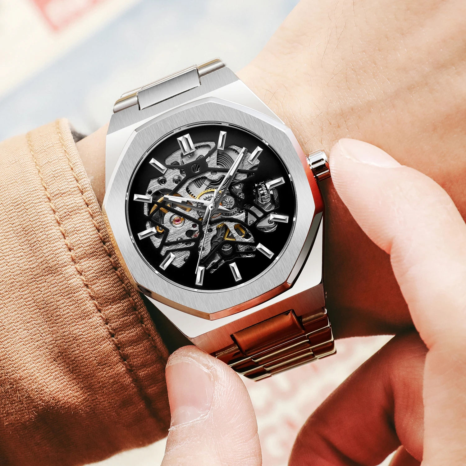 FORSINING brand watch men mechanical hollow watch fashion casual automatic blue stainless steel watch FSG8198