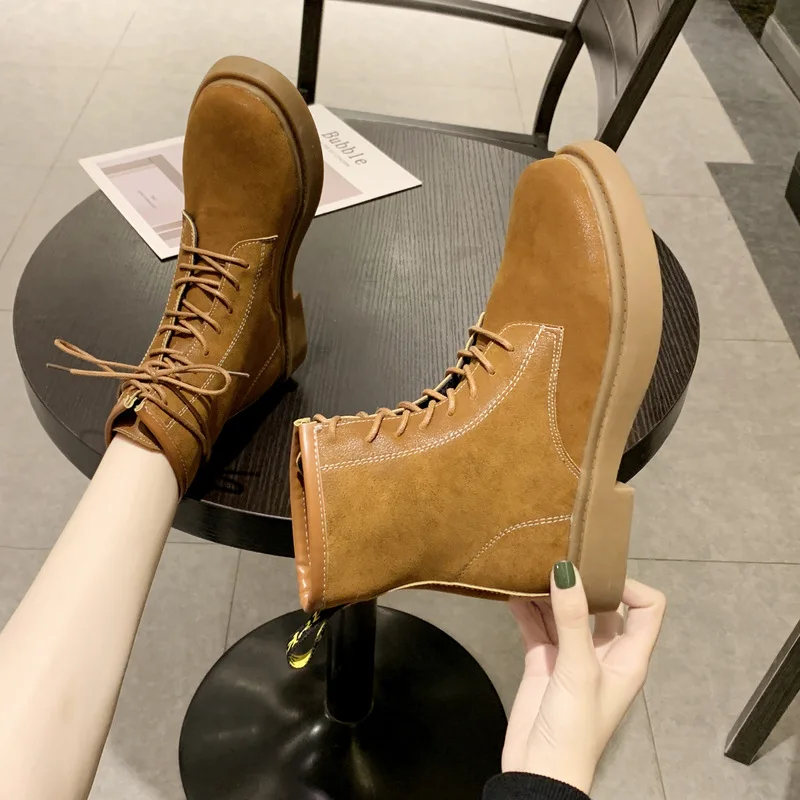 

Martin Boots Women's 2019 New Style Versatile Short Boots Chunky Heel Low Heel-Toe Martin Suede Martin Boots Women's British-Sty