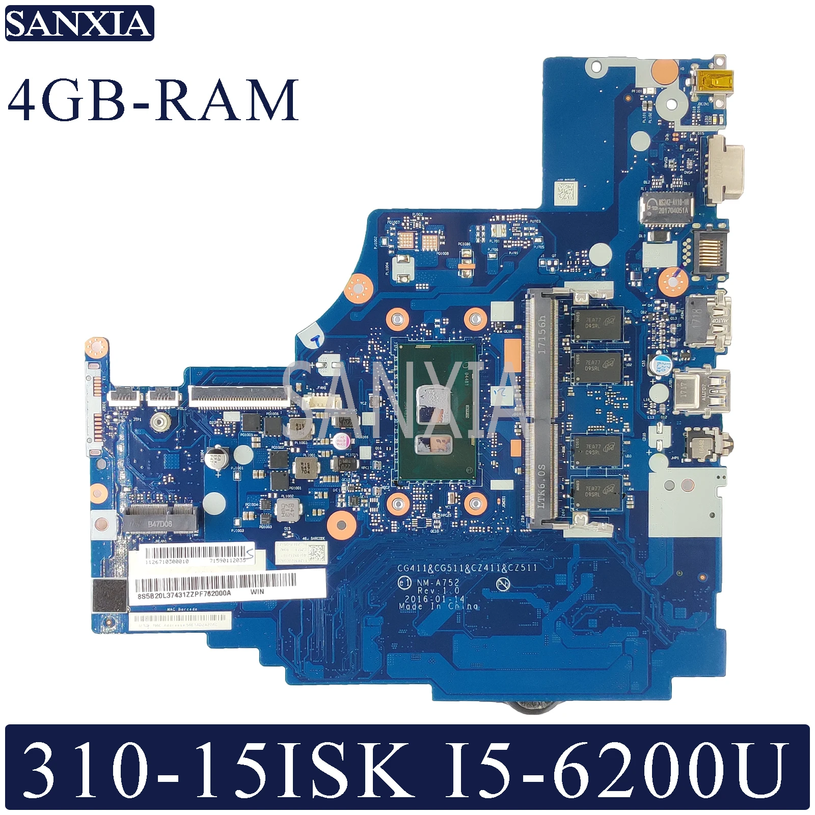 KEFU NM-A752 материнская плата для ноутбука lenovo 310-15ISK тест оригинальная материнская плата 4G-RAM I5-6200U