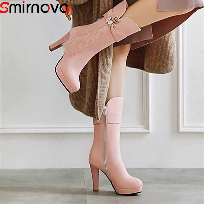 

Smirnova big size 34-43 fashion mid calf boots women zip high heels autumn winter boots faux fur platform ladies boots 2020 new