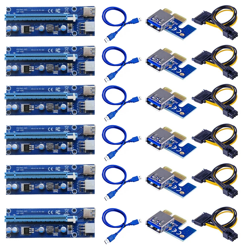 6 pces 006c pcie 1x para 16x express riser cartão gráfico pci-e riser extensor 60cm usb 3.0 cabo sata para 6pin power para mineração btc