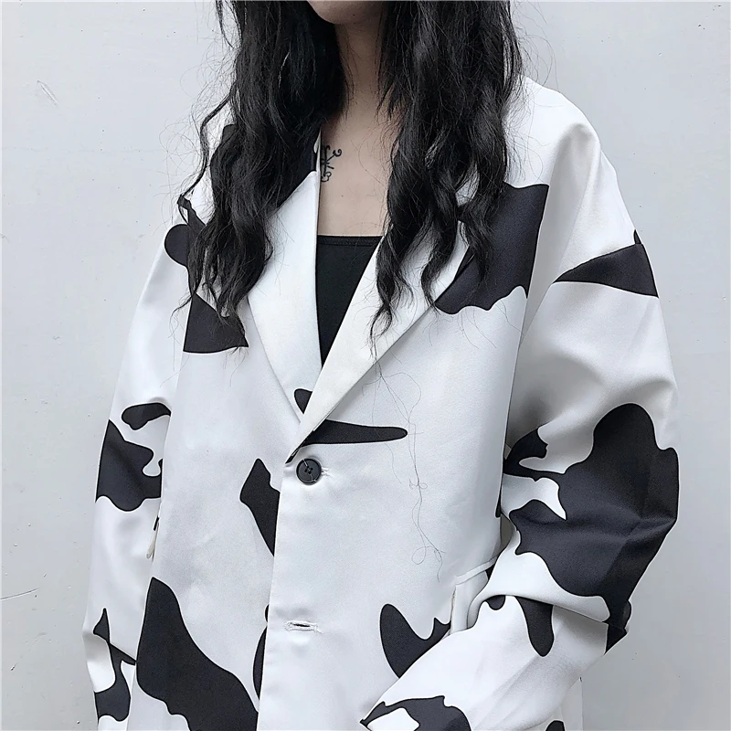 Vintage Streetwear Cow Pattern Long Sleeve Blazer Jacket Women Man Casual Single Breasted Pockets Loose Blazer Outerwear 2020
