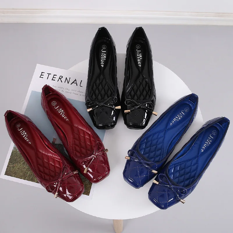 

Leather bow knot ballet flats woman autumn brand plaid single shoes pig mouth moccasins anti-skid pregnant espadrilles