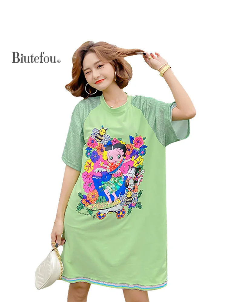 

2020 Summer sequined dresses cartoon print new arrival women dresses