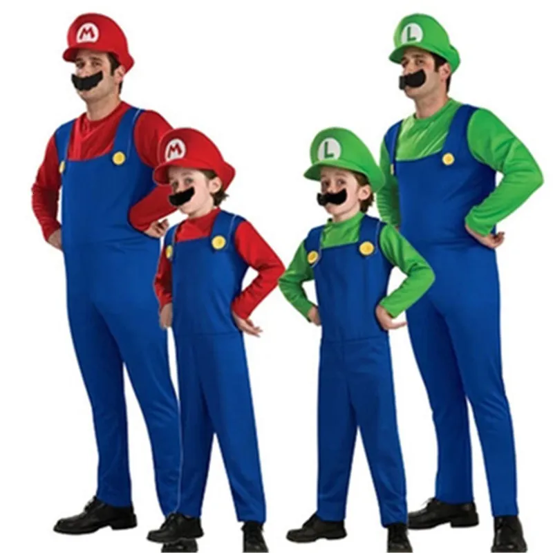 

Adult Kids Super Mario Luigi Bros Halloween Costumes Cosplay Show Costume Set Cartoon Mario Uniform Family Parent-Child Clothes