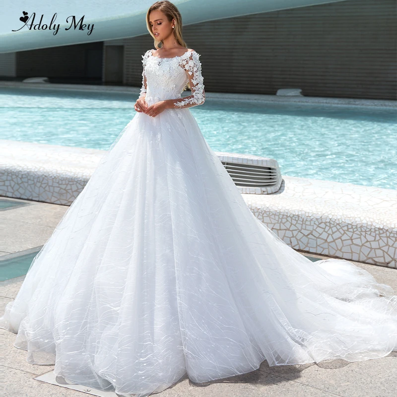 

Adoly Mey Romantic Scoop Neck Long Sleeve Lace A-Line Wedding Dress 2020 Gorgeous Appliques Beaded Princess Bride Gown Plus Size