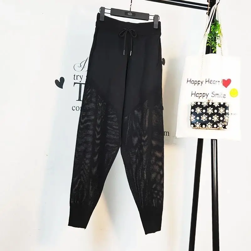 Hot Rhinestone High Waist Casual Pants Women's Pants Loose Spring/Summer Black Hollow Mesh Pants 2021 New