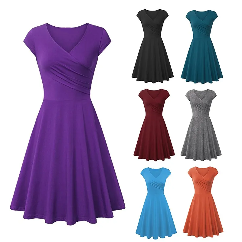 

Pleated Slim Summer Dress New V Neck Soft Short Sleeve Dress Elegant Fit And Flare Knee Length Cotton Dress Large Size Vestido