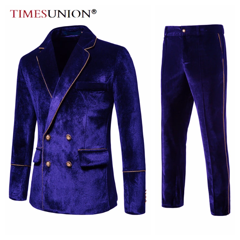 Luxury Velvet Inlaid With Gold Edge Men's Suits Double Breasted Men's Sets Evening Dress Jacket and Pants Wedding Men Clothing