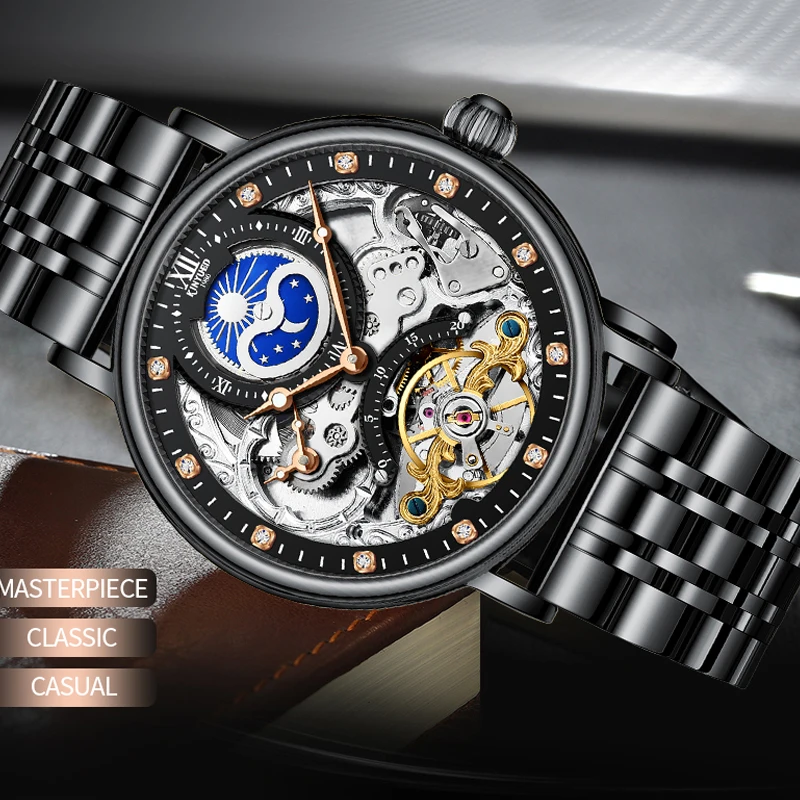 Kinyued Men Mechanical Wristwatch Skeleton Waterproof Stainless Steel Automatic Hand Clock For Man Gift mechanical watch