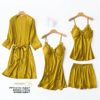 

Summer Yellow Lace Female 4PCS Robe Set Sleepwear Nightgown Satin Sexy Bride Bridesmaid Wedding Gown Mini Kimono Bathrobe Gown