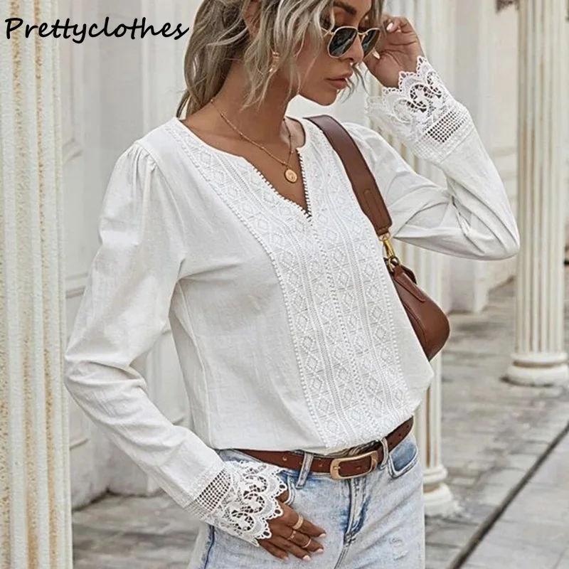 

New Style All-Match Chiffon Shirt Lace Stitching Lace V-Neck Woman T-Shirt Top Tshirt Female Tops Clothes For Women's Clothing