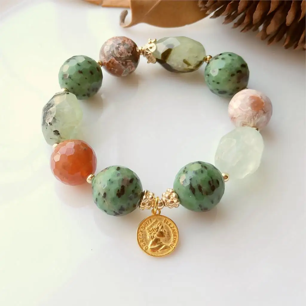 Lii Ji Уникальный розовый браслет Prehnite Botswana Agate Zoisite из чистого 925 пробы серебряного