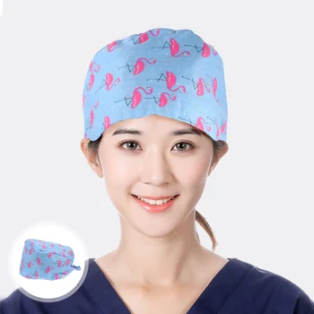 

1 PC Working Cap Sweat Absorbing Pattern with Button Adjustable Breathable Cotton Bouffant Hat Tie Back Hat for Women
