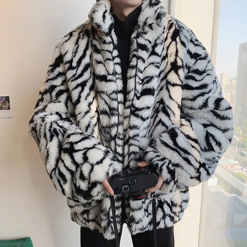 Male Leopard Print Faux Fur Coat Casual Loose Retro Furry Zipper Jacket Charming Lapel Streetwear Winter Warm Pockets Parka