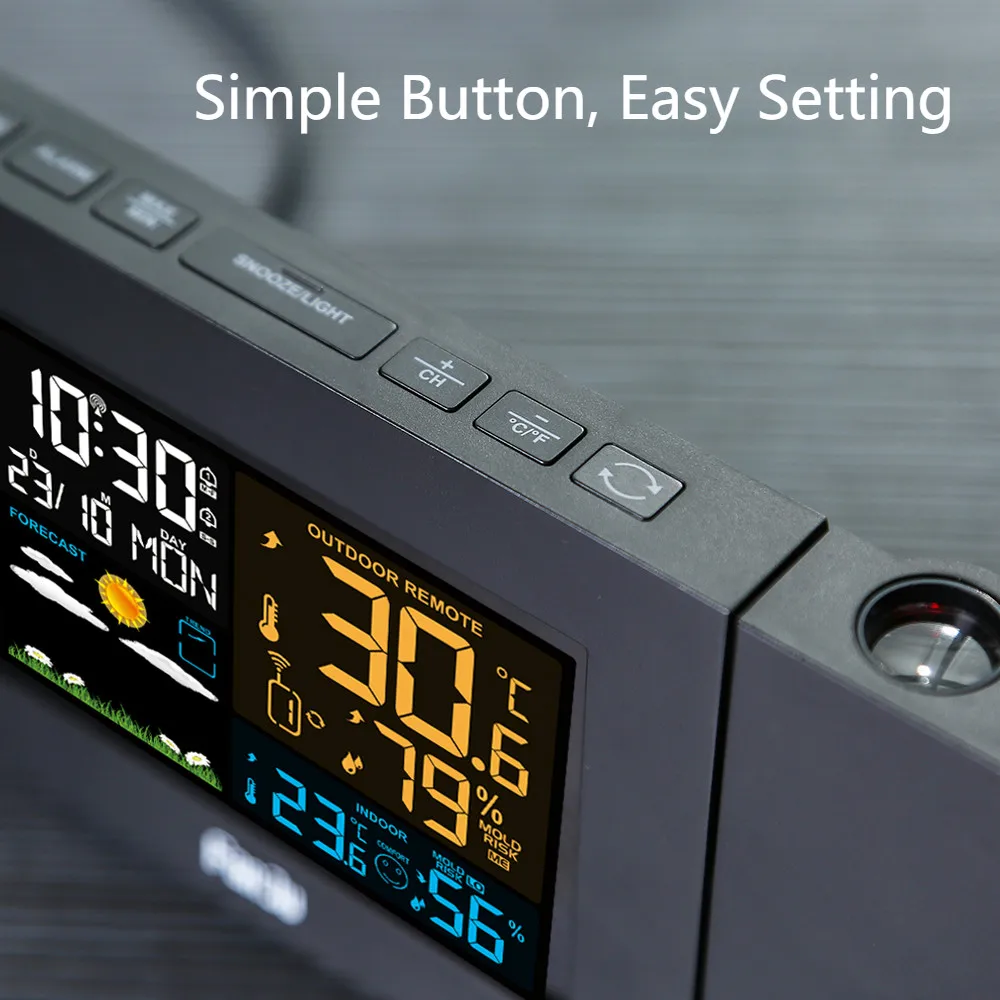 FanJu ЖК-будильник метеостанция с проекцией погода монитор DCF радио управление календарь 7 языков