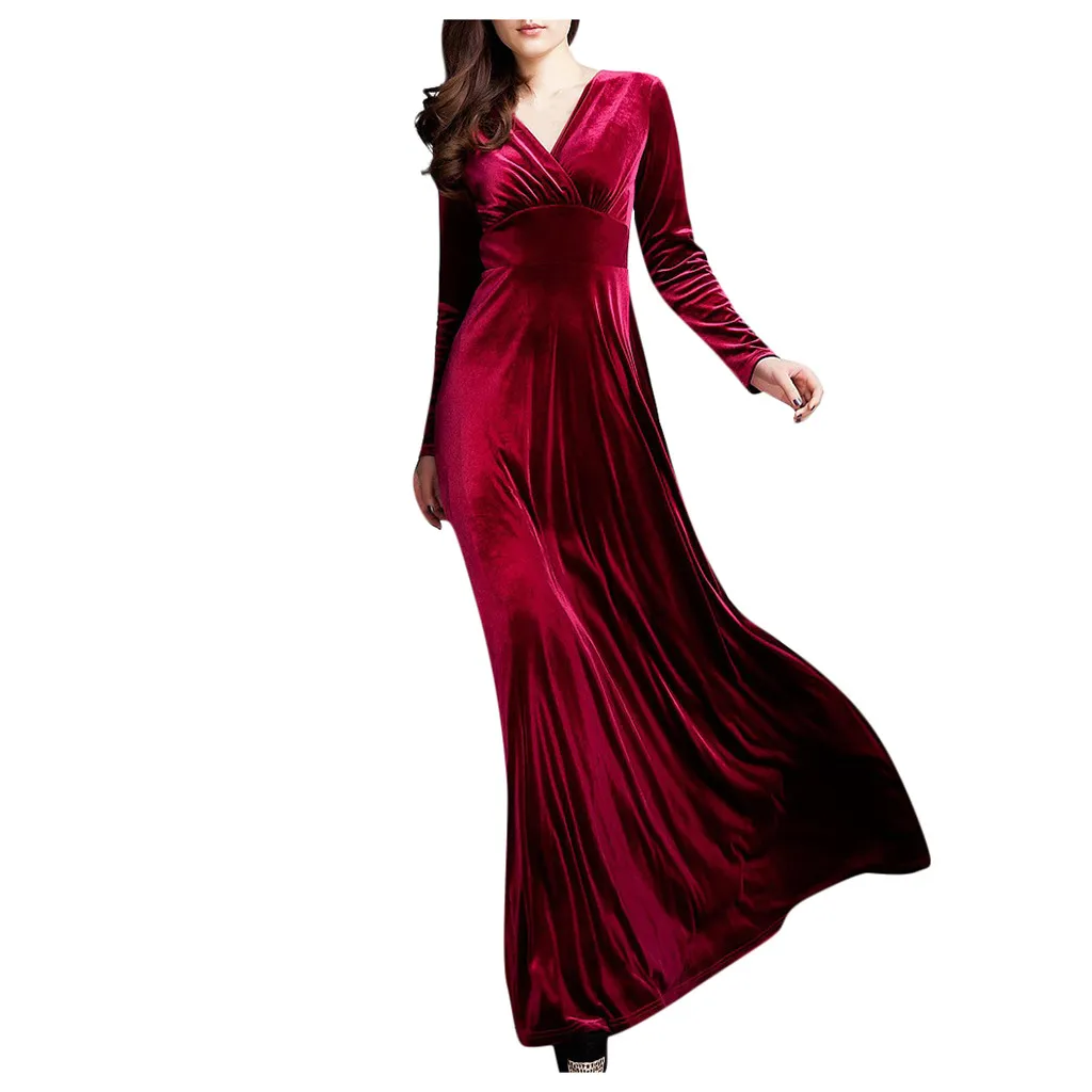 KANCOOLD/женское платье с v-образным вырезом, бархатное зимнее платье с длинным рукавом, Длинные Коктейльные Вечерние Платья, Модное Новое Женское платье 2019Oct22
