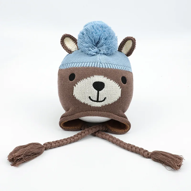 Winter Earflap Hat Kid Boy Girl Knit Beanie Autumn Bear Animal Cotton Warm Skiing Pompom Fleece Outdoor Accessory Toddler Baby (7)