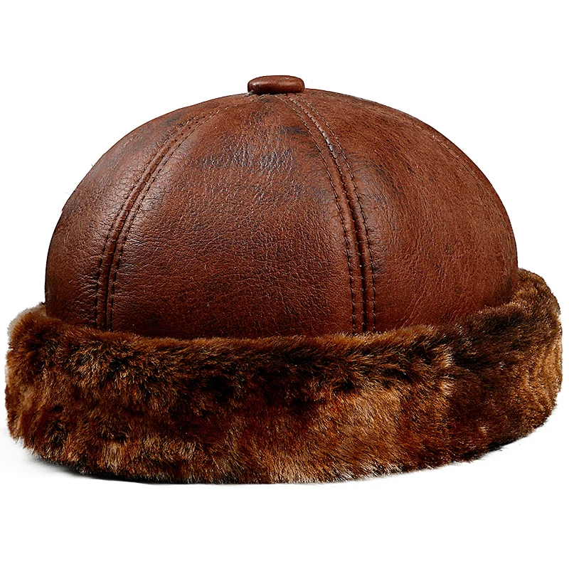 

Winter 100% Fur Hat Male Women Genuine Leather Melon Caps Men Thicked Warm Round Boonie Hat Red/Yellow Real Fur One Suede Bonnet