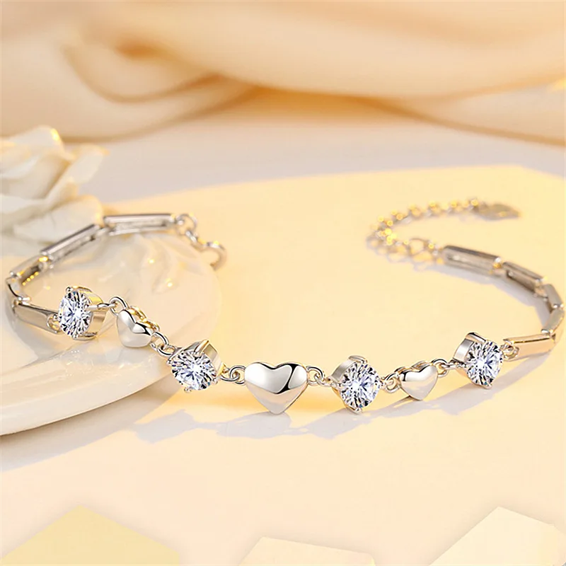 

Elegant Silver Bracelets Women's Best Friend Heart Bracelets Couples INS Non-mainstream Design Diamond Set Jewelry Bracelet