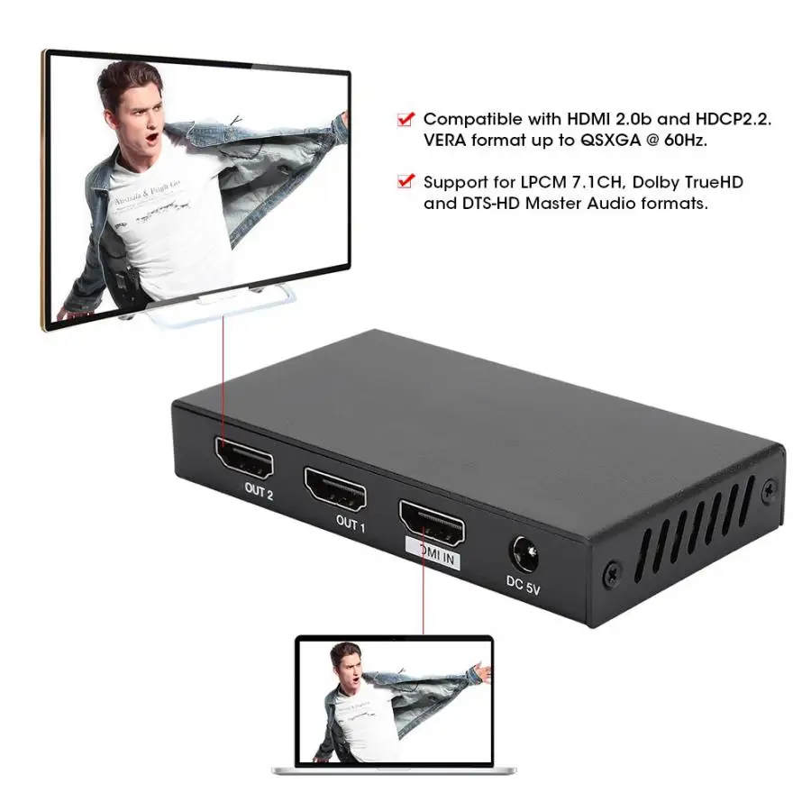 1x2 18G 4K2K 60Hz HDMI металлический сплиттер адаптер Switcher HDCP2.2 4:4:4 для smart EDID STD (1080P) режим и
